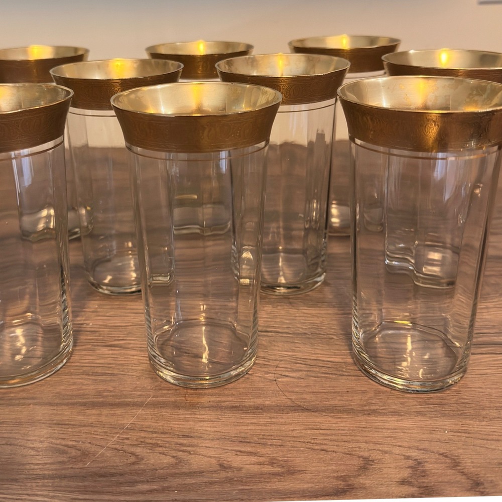 Tiffin 22k Gold Encrusted Highball Glasses Set of 9 Vintage Hollywood Regency
